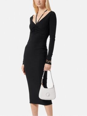 Versace Black Long-Sleeve V-Neck Midi Dress